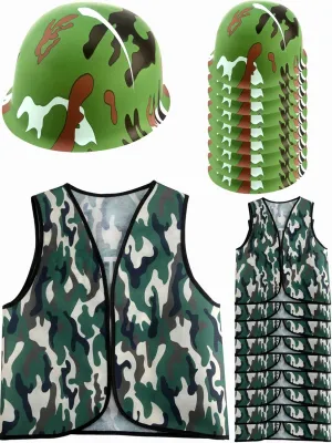 20 Pcs Kids Army Soldier Costume Set Includes 10 Pcs Camouflage Helmets 10 Pcs Camouflage Vest Military Soldier Dress Up Set for Kids Halloween Career Day Birthday Party Role Play