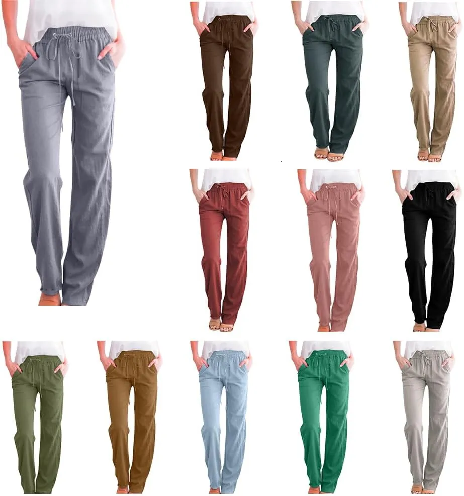2025 Capri Pants for Women Casual Summer Drawstring Elastic High Waist Linen Pant Straight Leg Cropped