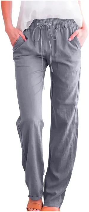 2025 Capri Pants for Women Casual Summer Drawstring Elastic High Waist Linen Pant Straight Leg Cropped