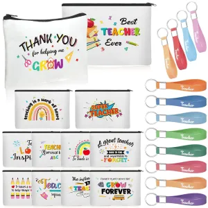 24 Pieces Teacher Appreciation Gifts Set Canvas Makeup Bag Silicone Keychain Pencil Bag with Zipper Cosmetic Bag Bulk for Graduation Birthday