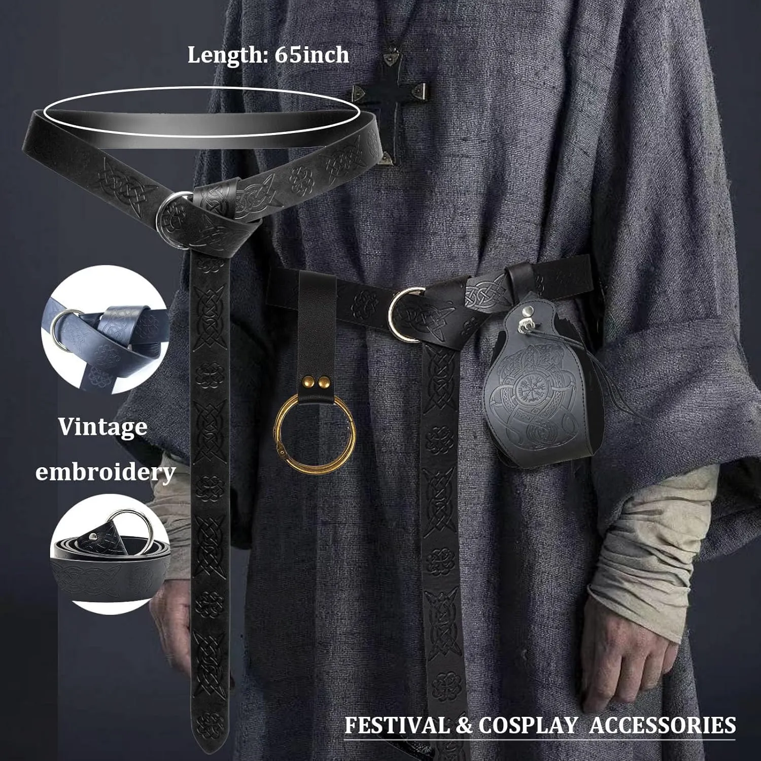 3 Pcs Halloween Renaissance Belt Pouch Coin Purse Phone Holder Skirt Hikes Medieval Viking Pirate Leather Belt Costume Sets (1-Black)