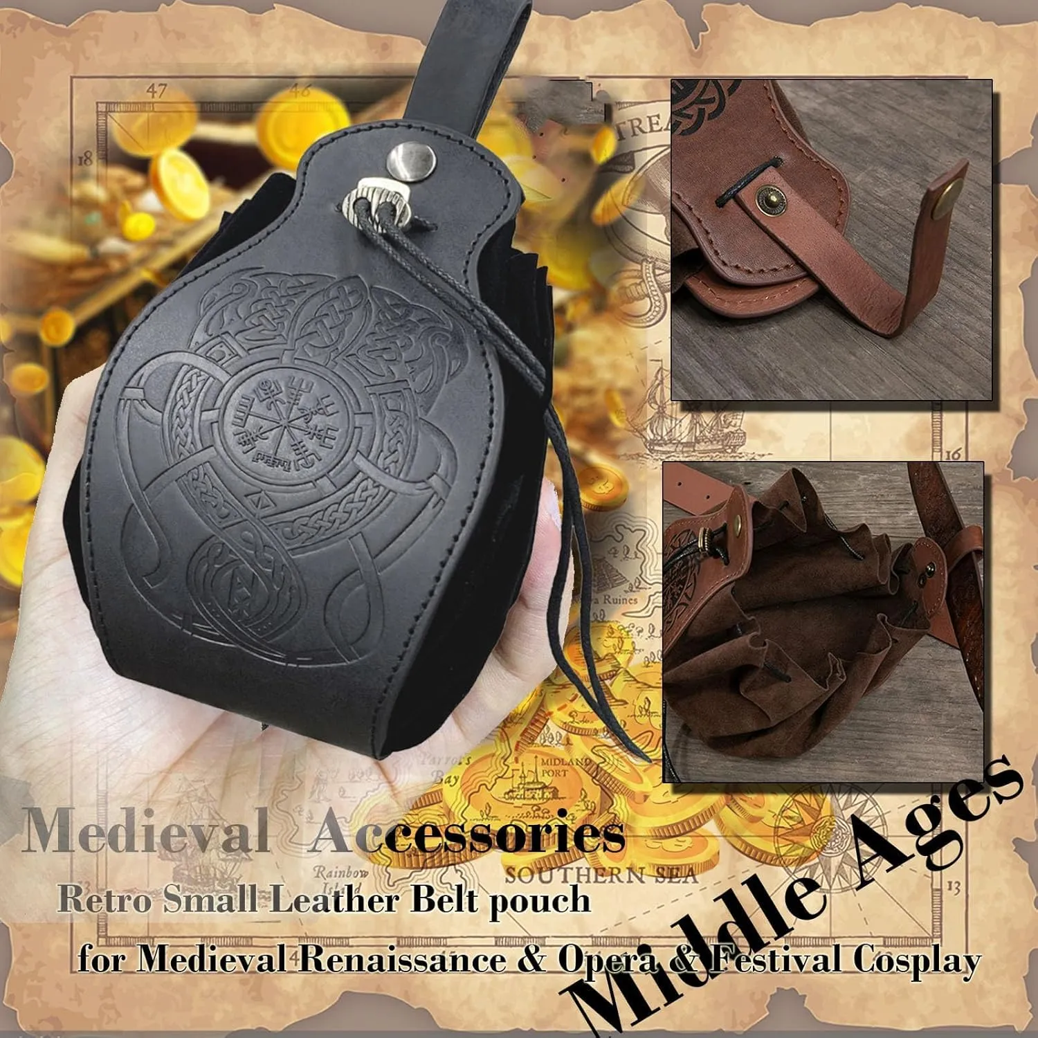 3 Pcs Halloween Renaissance Belt Pouch Coin Purse Phone Holder Skirt Hikes Medieval Viking Pirate Leather Belt Costume Sets (1-Black)