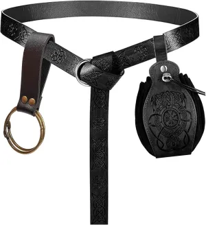 3 Pcs Halloween Renaissance Belt Pouch Coin Purse Phone Holder Skirt Hikes Medieval Viking Pirate Leather Belt Costume Sets (1-Black)