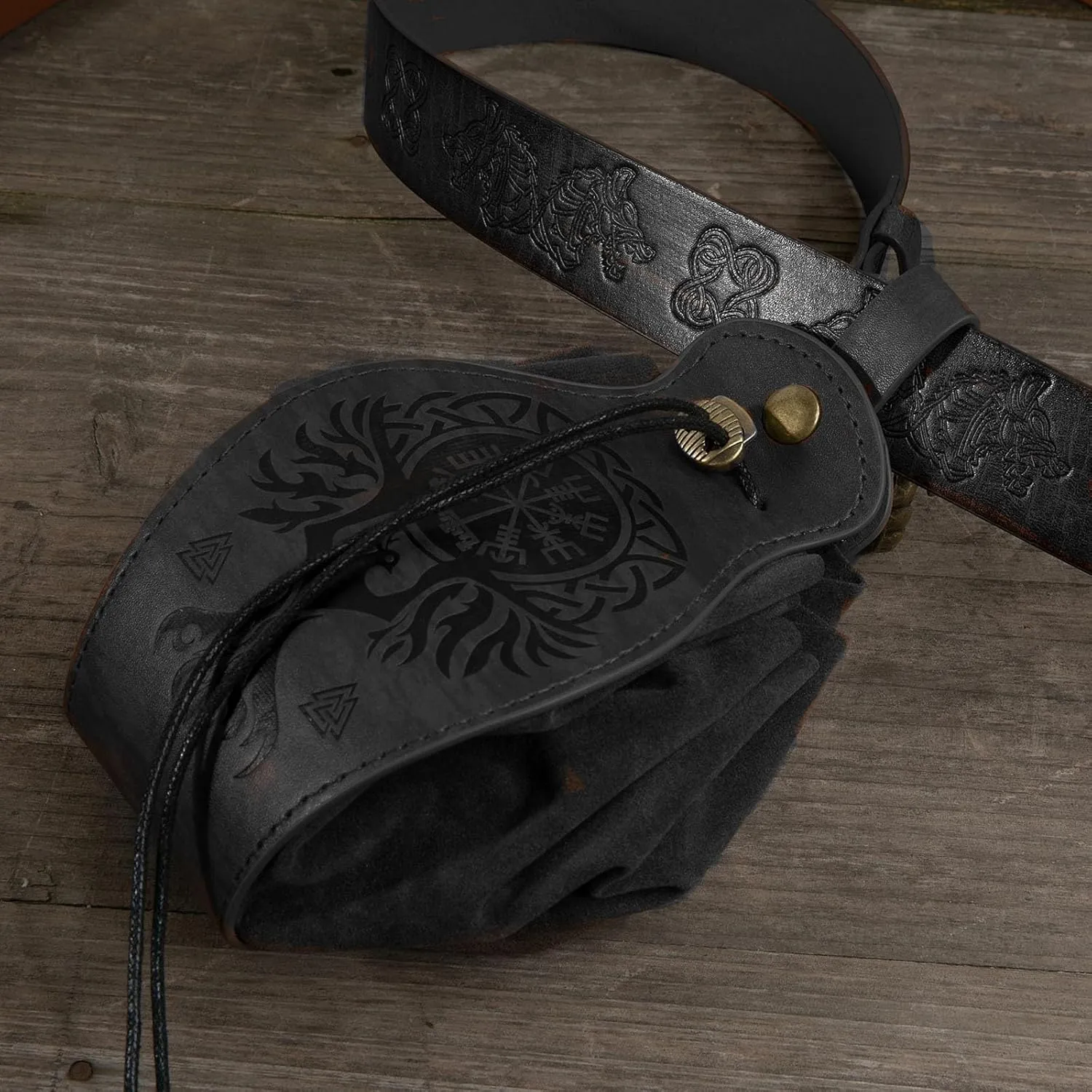 3 Pcs Halloween Renaissance Belt Pouch Coin Purse Phone Holder Skirt Hikes Medieval Viking Pirate Leather Belt Costume Sets (1-Black)