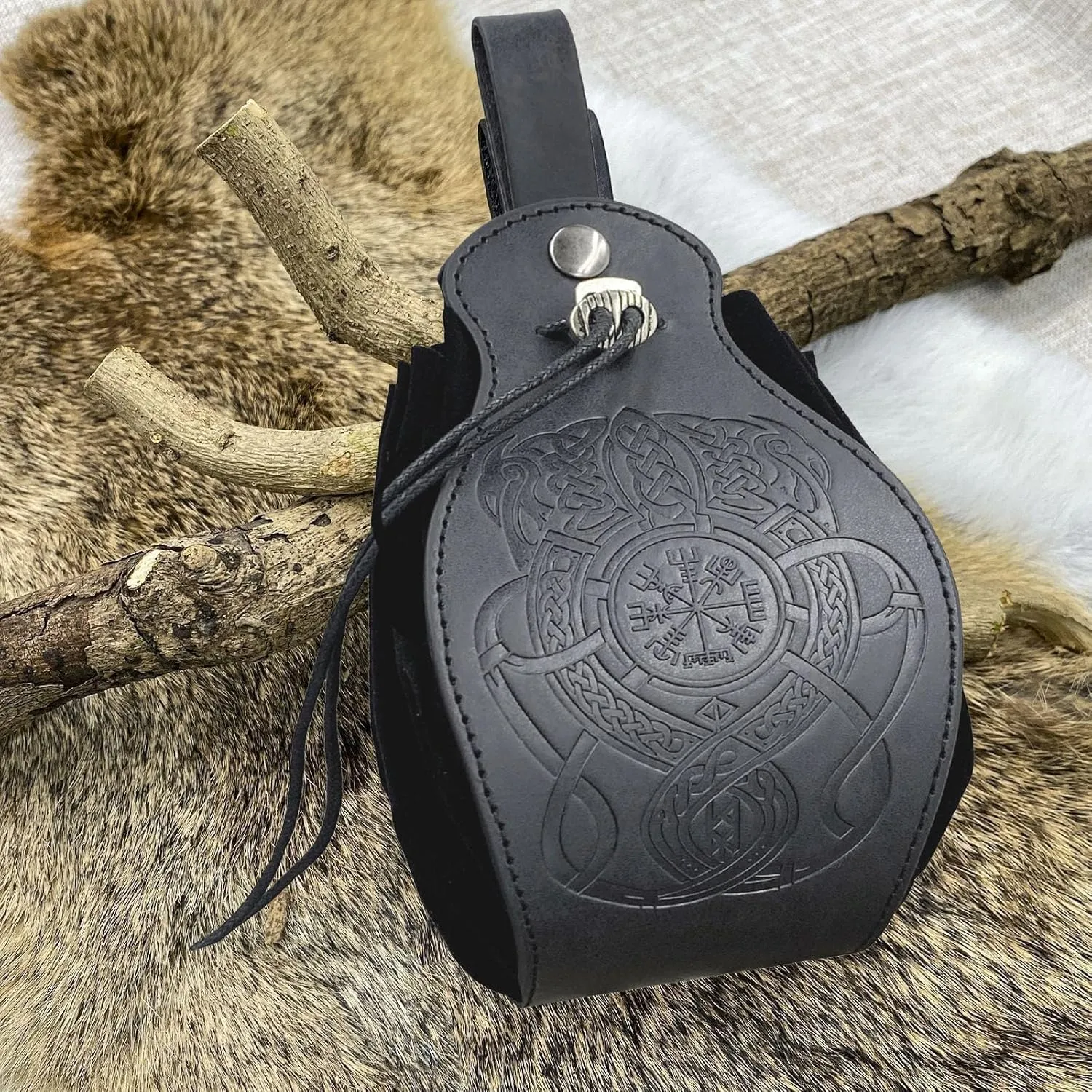 3 Pcs Halloween Renaissance Belt Pouch Coin Purse Phone Holder Skirt Hikes Medieval Viking Pirate Leather Belt Costume Sets (1-Black)