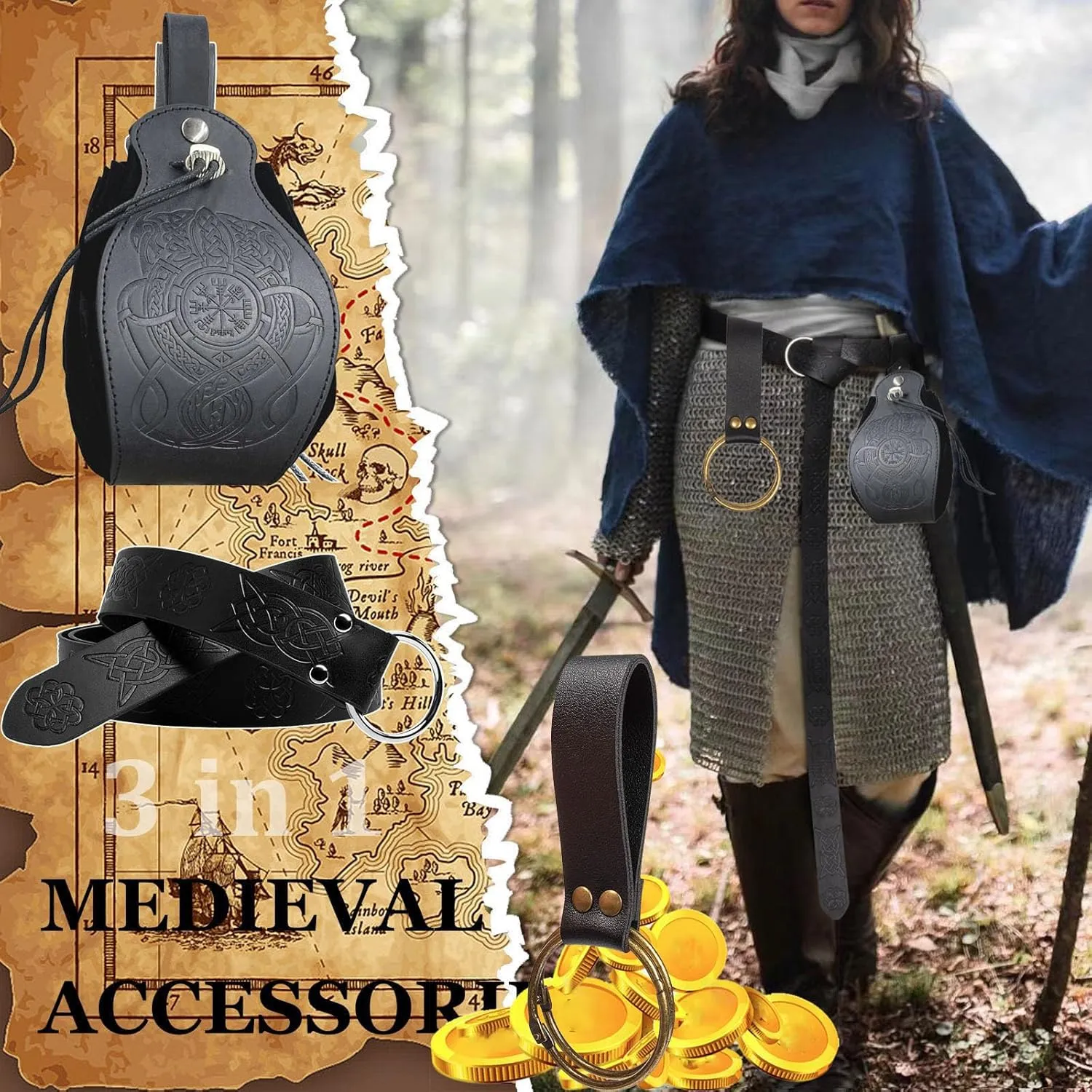 3 Pcs Halloween Renaissance Belt Pouch Coin Purse Phone Holder Skirt Hikes Medieval Viking Pirate Leather Belt Costume Sets (1-Black)