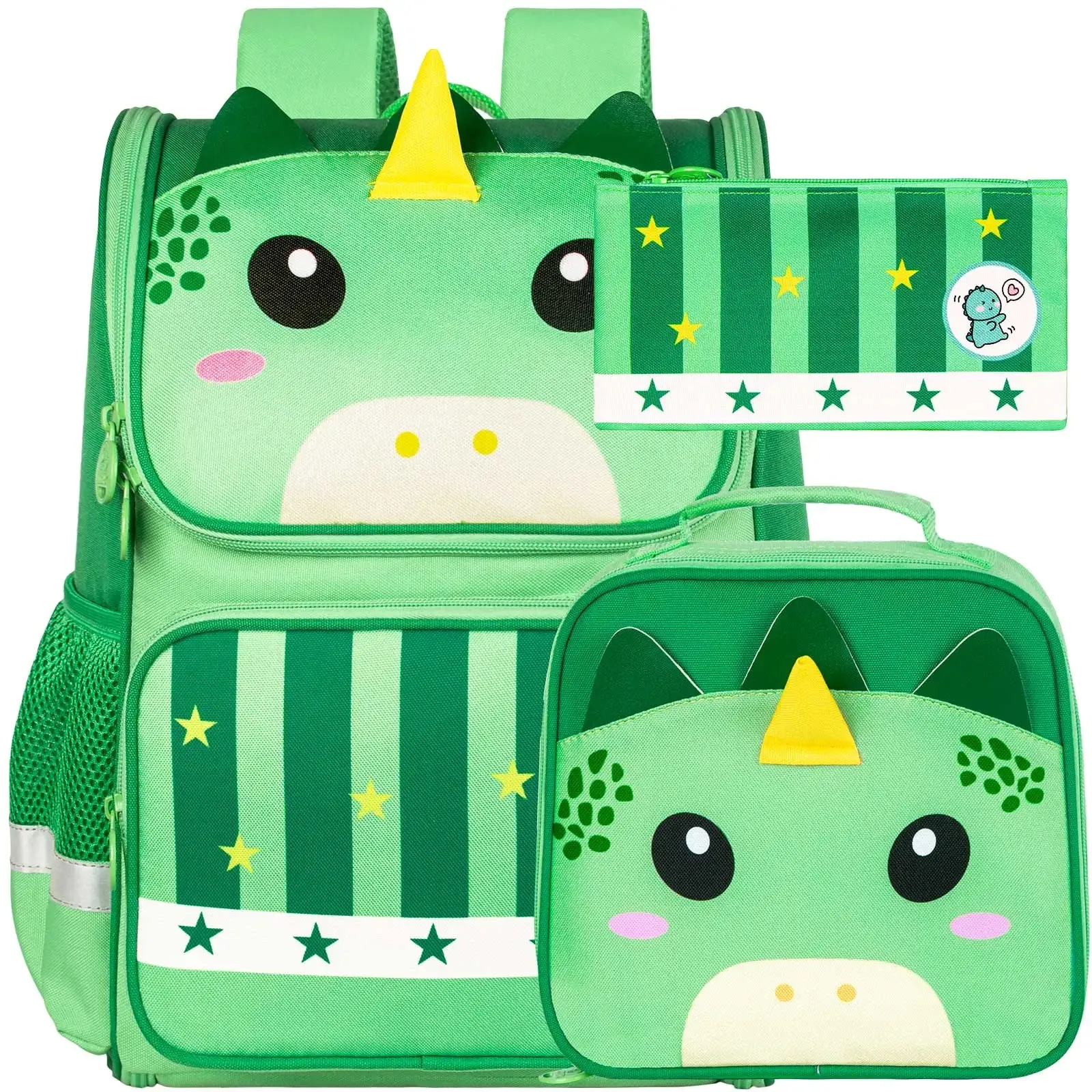 3 Piece Dinosaur Backpack Set For Kids 15 Inch Bookbag With Lunch Box
