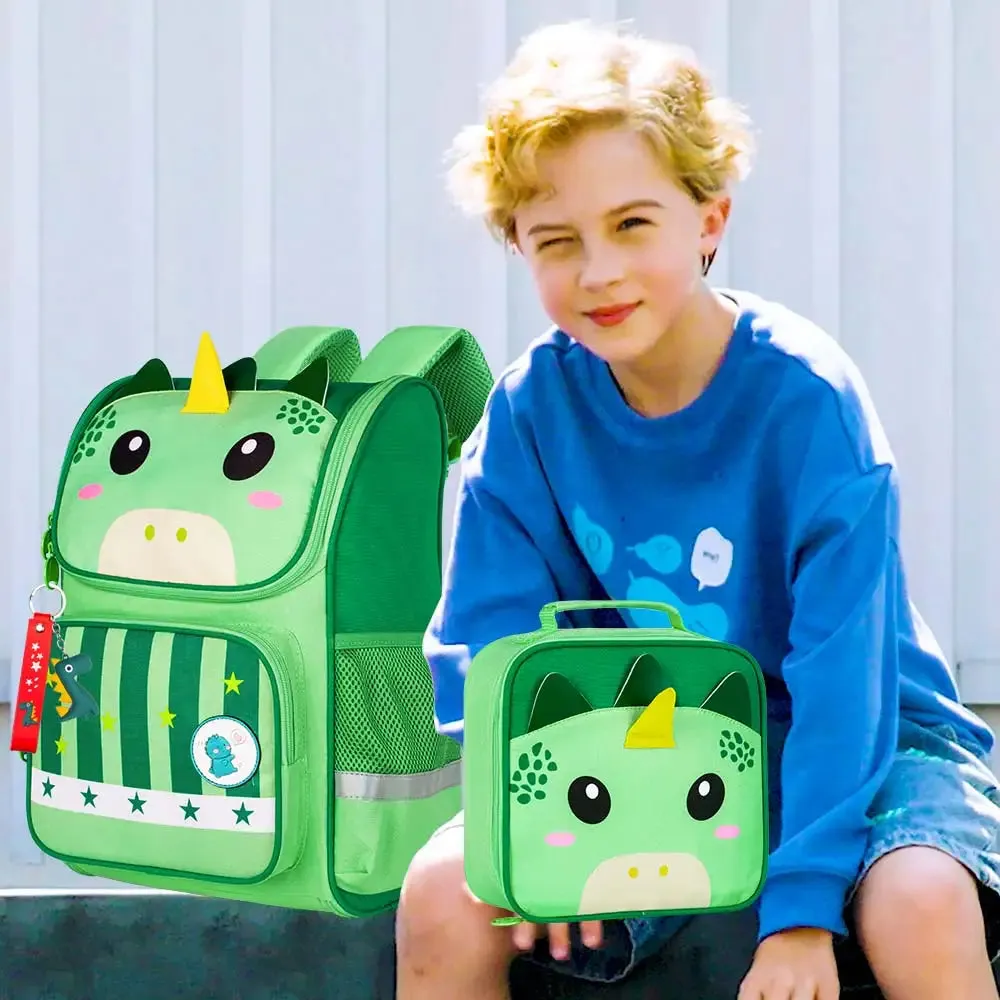 3 Piece Dinosaur Backpack Set For Kids 15 Inch Bookbag With Lunch Box