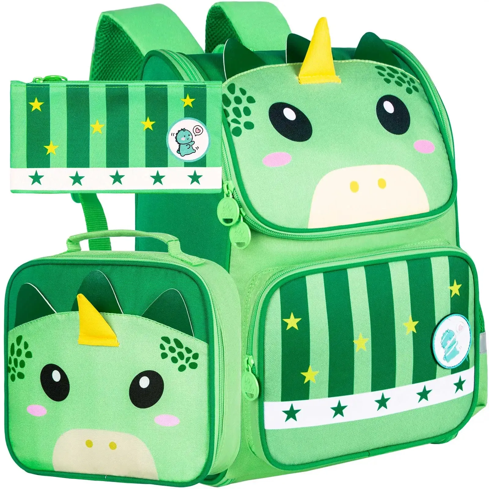 3 Piece Dinosaur Backpack Set For Kids 15 Inch Bookbag With Lunch Box