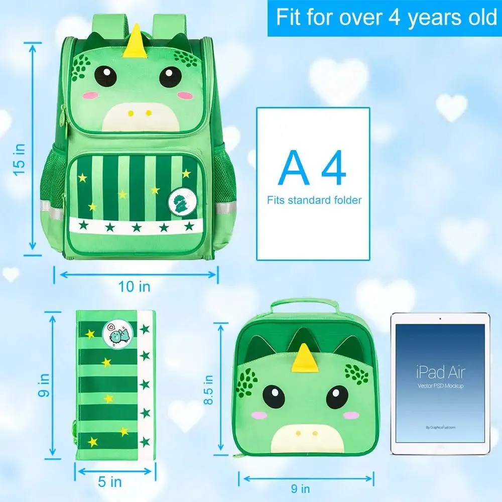3 Piece Dinosaur Backpack Set For Kids 15 Inch Bookbag With Lunch Box