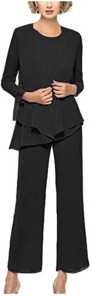 3 Pieces Pant Suits for Women Dressy Elegant Long Sleeve Chiffon Formal Jumpsuit for Women with Jacket