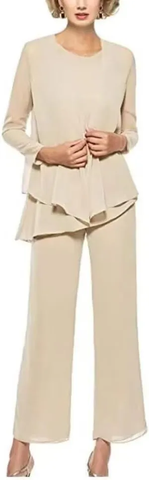 3 Pieces Pant Suits for Women Dressy Elegant Long Sleeve Chiffon Formal Jumpsuit for Women with Jacket