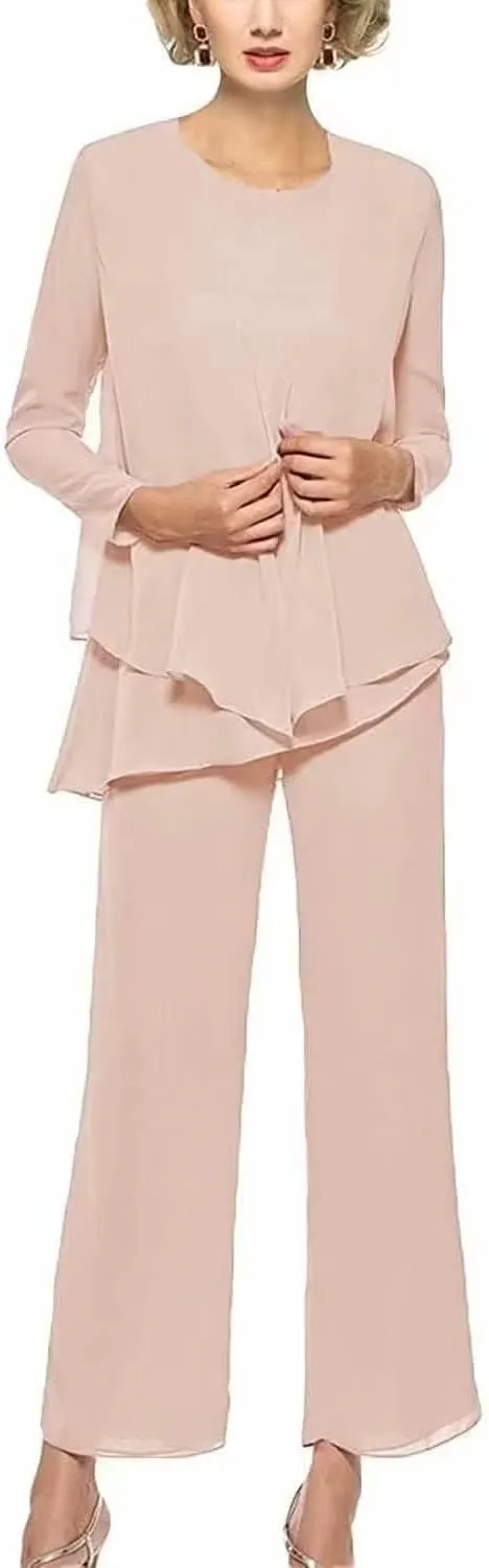 3 Pieces Pant Suits for Women Dressy Elegant Long Sleeve Chiffon Formal Jumpsuit for Women with Jacket