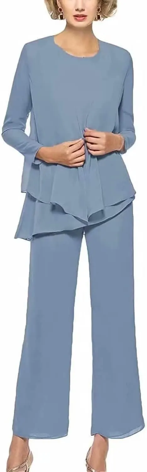 3 Pieces Pant Suits for Women Dressy Elegant Long Sleeve Chiffon Formal Jumpsuit for Women with Jacket