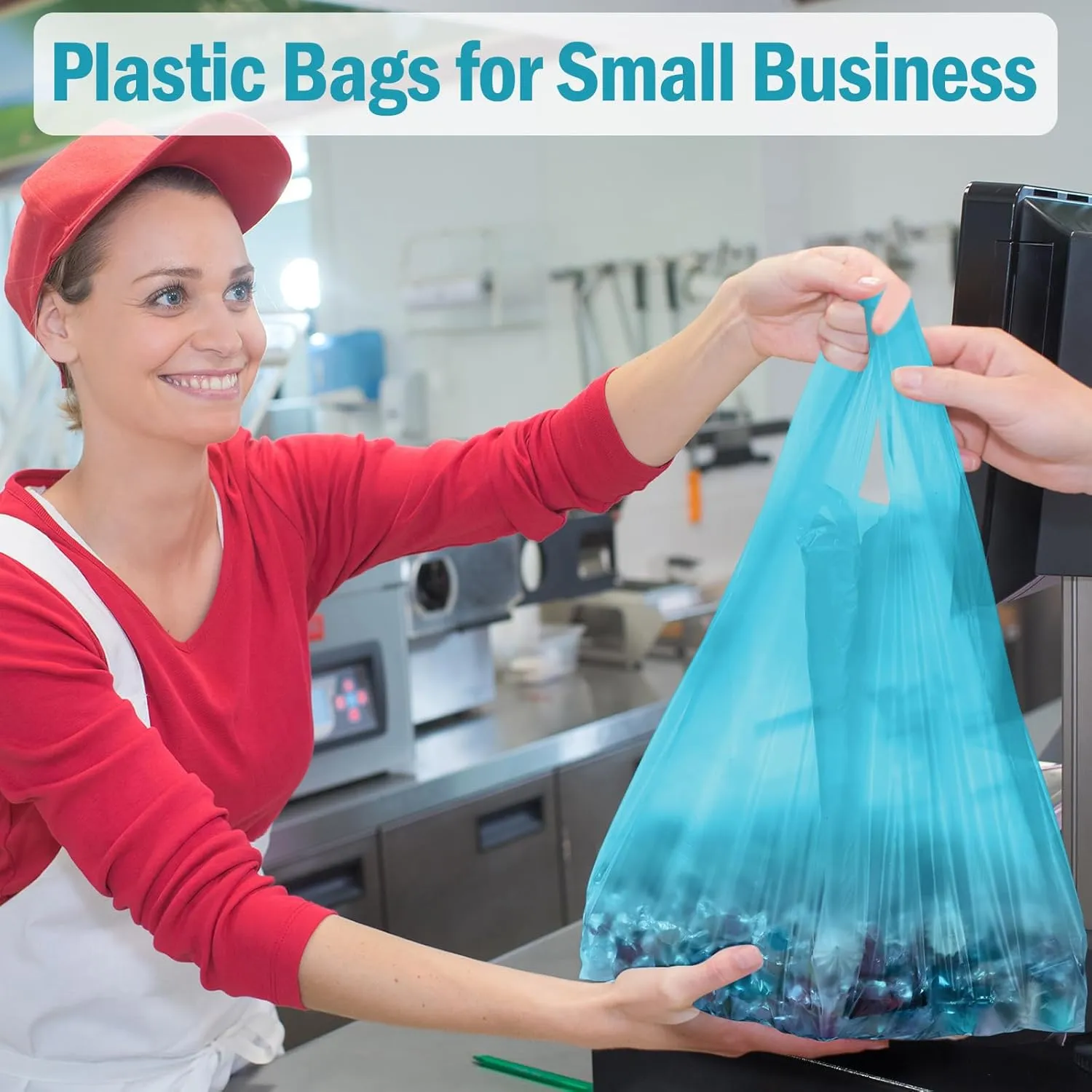 300 Pcs T Shirt Bags Bulk Plastic Shopping Grocery Retail Bags with Handles 12 x 20 Inch for Small Business, Supermarket, Restaurant(Cyan)