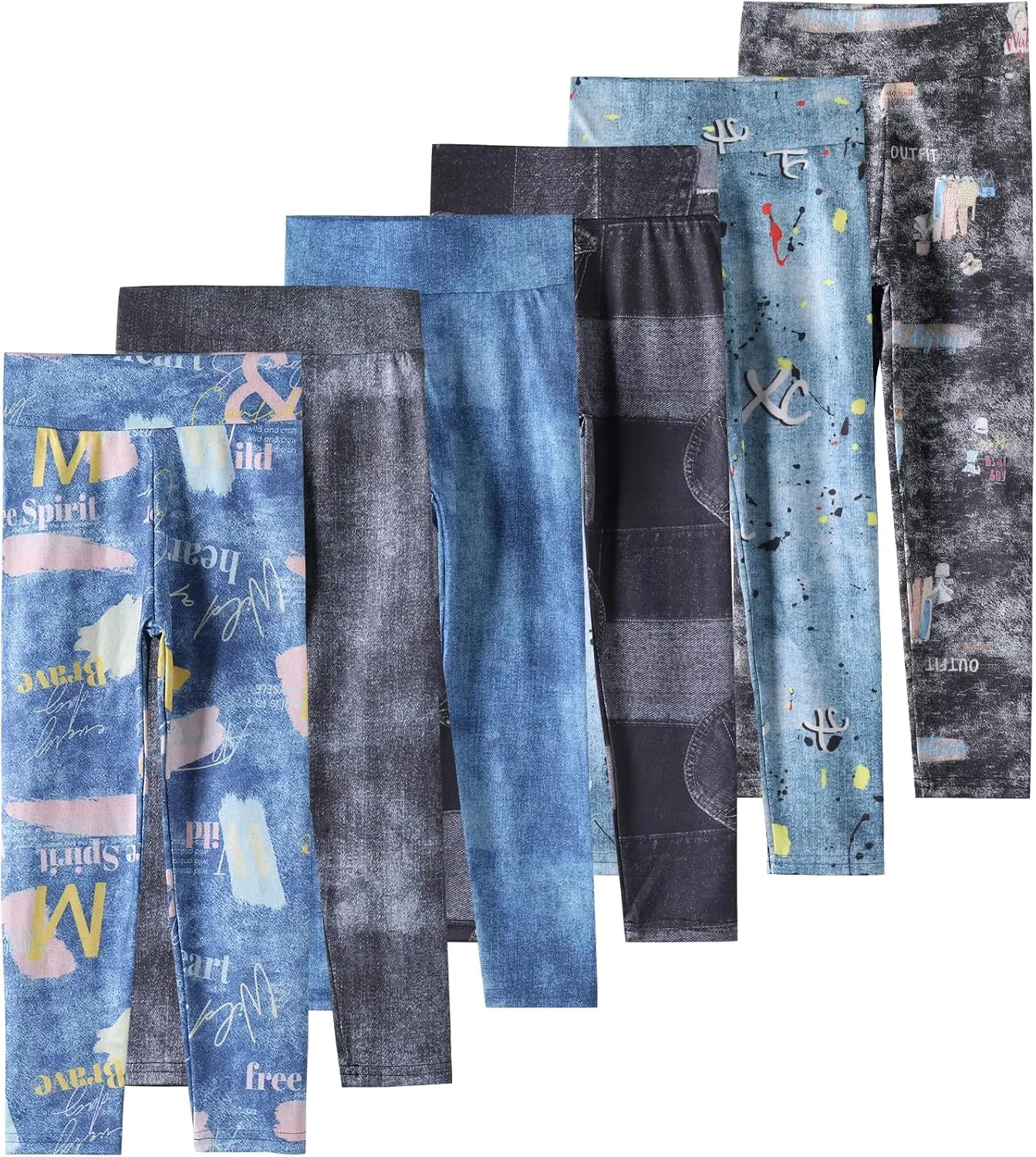 6 Pack Girls Leggings Girls Basic Full Length Leggings for Kids Athletic Pants Girls Imitation Denim Jeggings