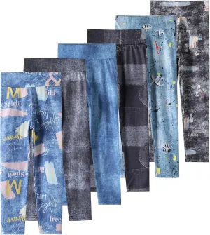 6 Pack Girls Leggings Girls Basic Full Length Leggings for Kids Athletic Pants Girls Imitation Denim Jeggings