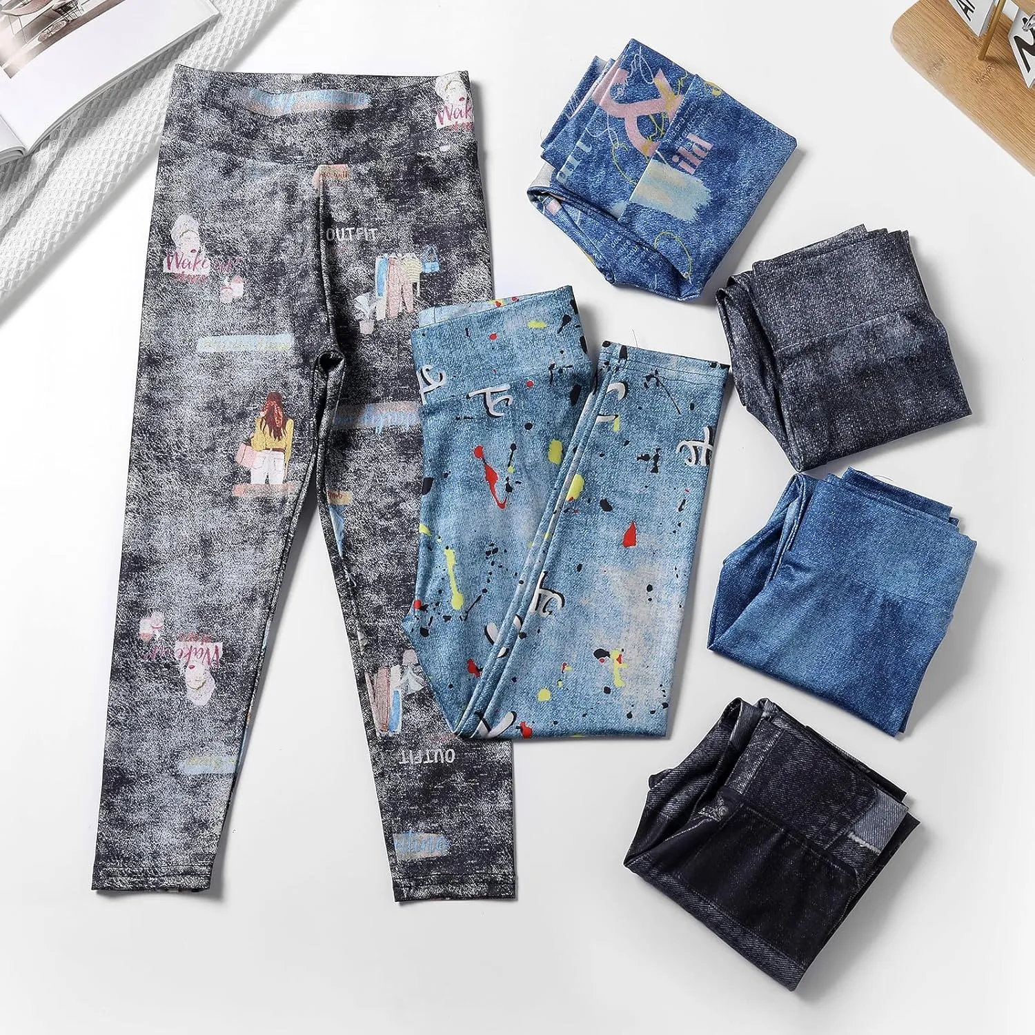 6 Pack Girls Leggings Girls Basic Full Length Leggings for Kids Athletic Pants Girls Imitation Denim Jeggings