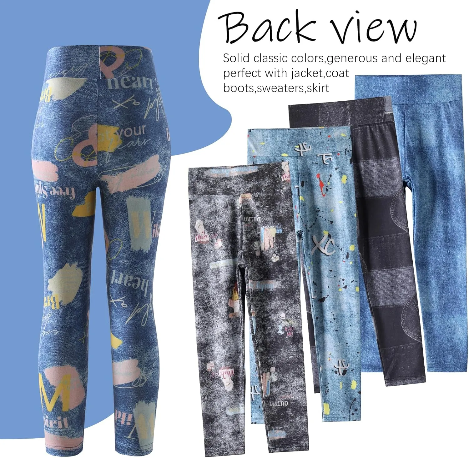 6 Pack Girls Leggings Girls Basic Full Length Leggings for Kids Athletic Pants Girls Imitation Denim Jeggings