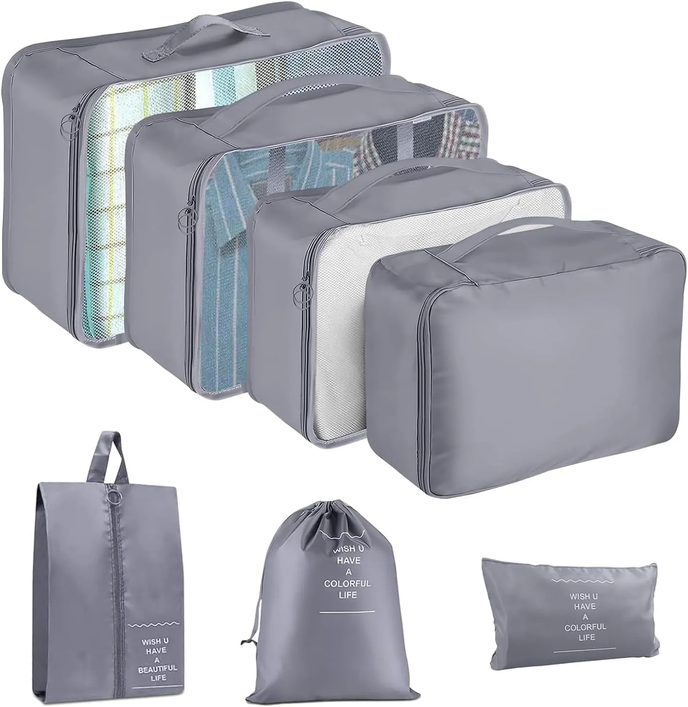 7 Set Packing Cubes for Suitcases, JerryXingjy Lightweight Travel Luggage Packing Organizers, Compression Storage Shoe Bag, Clothing Underwear Bag, Travel Cubes Set for Man & Women, Grey1