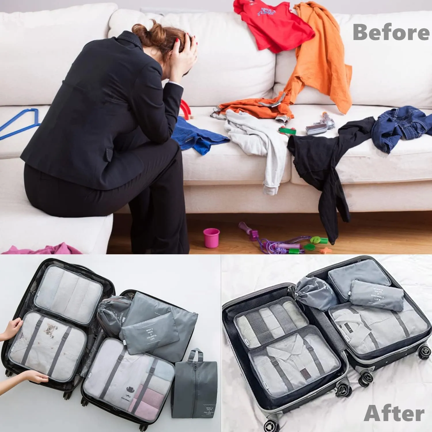 7 Set Packing Cubes Laundry Pouch, Travel Storage Bag Organizers, Luggage Packing Organizer Pouch, Cubes Organizer Bags Compression for Carry On Suitcase Clothes (Grey)
