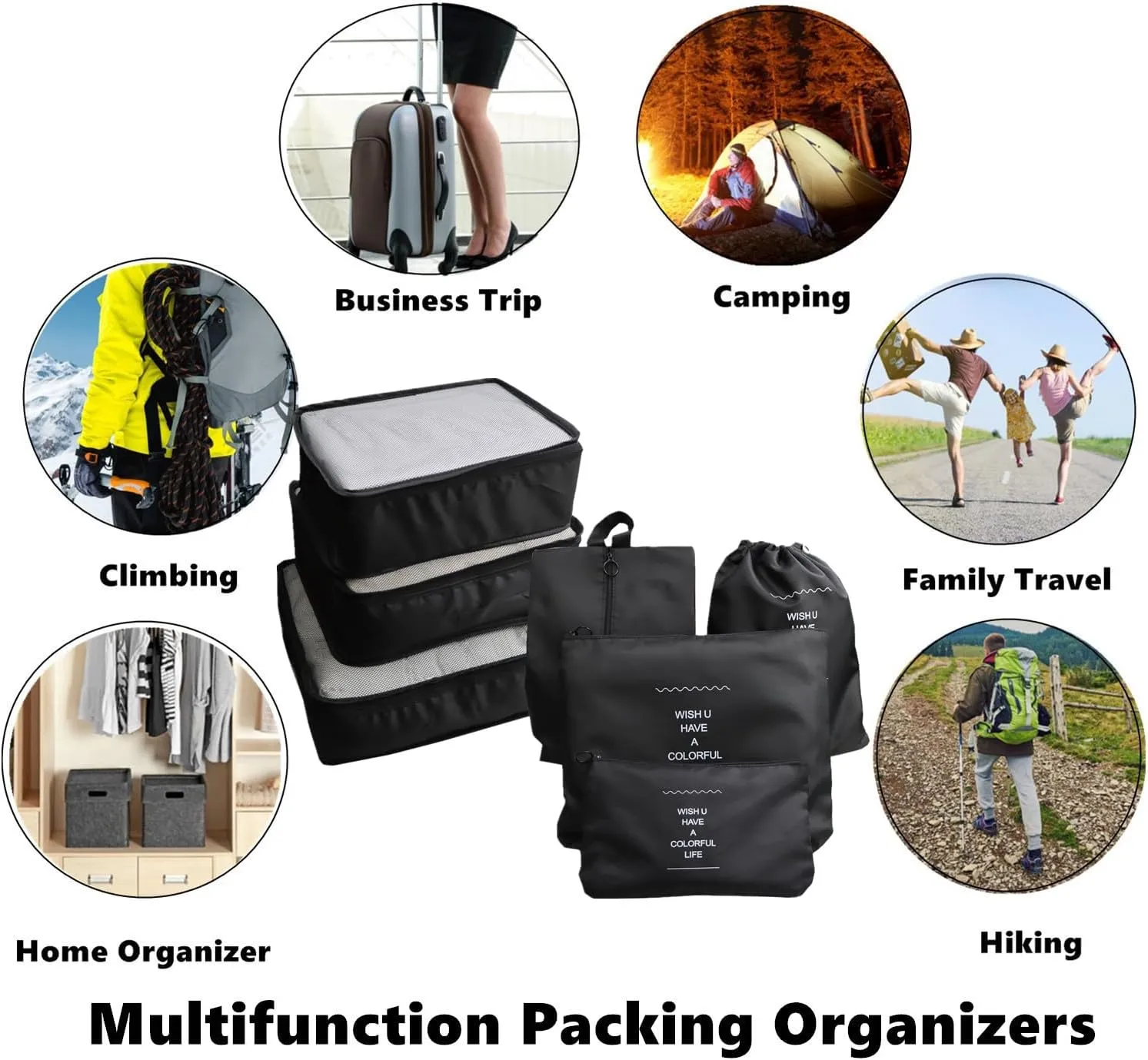 7 Set Packing Cubes Travel Organizer, Compression Packing Bags Laundry Pouches for Backpack Suitcases Clothes Underwear Cosmetics (Black)