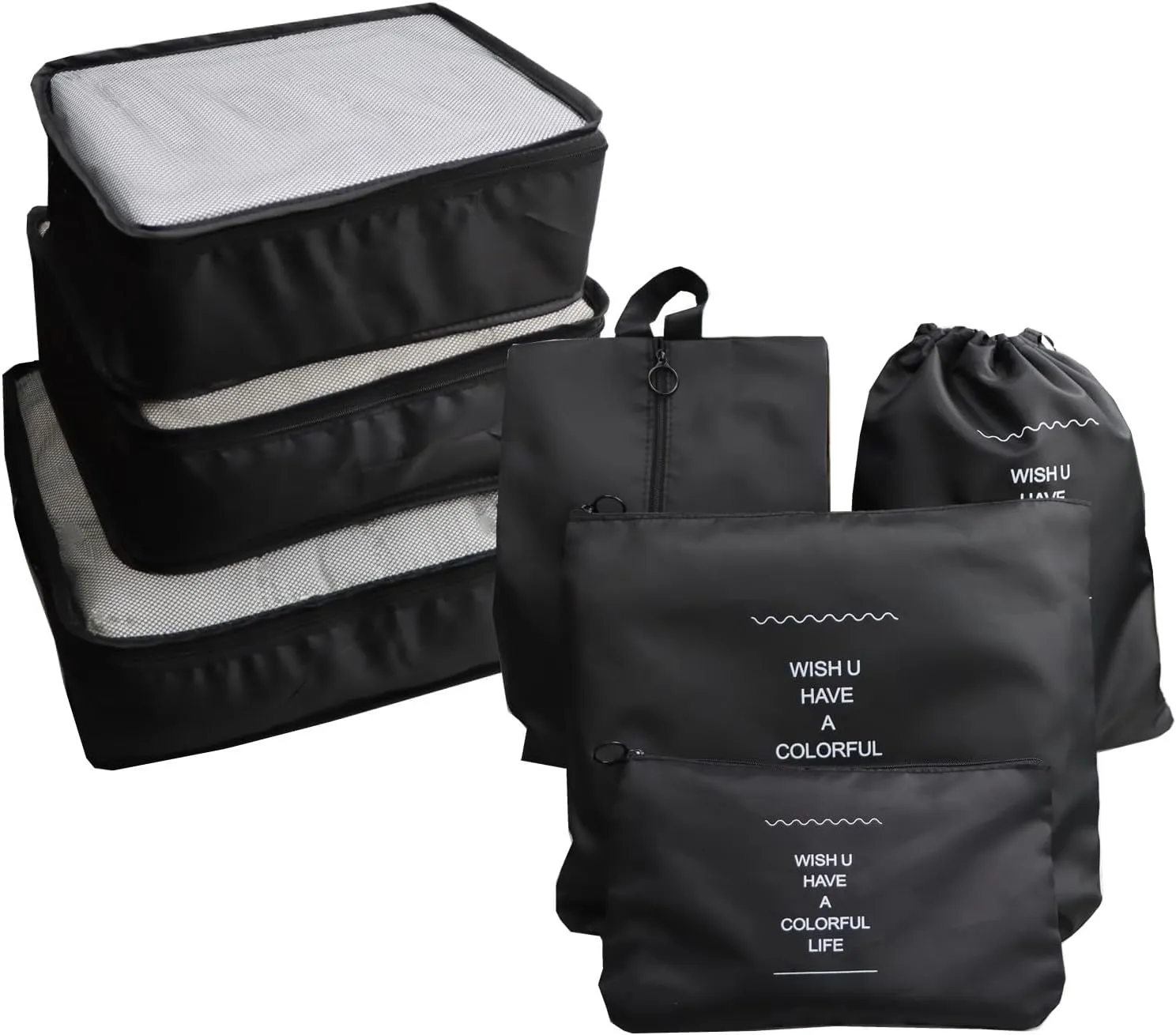 7 Set Packing Cubes Travel Organizer, Compression Packing Bags Laundry Pouches for Backpack Suitcases Clothes Underwear Cosmetics (Black)