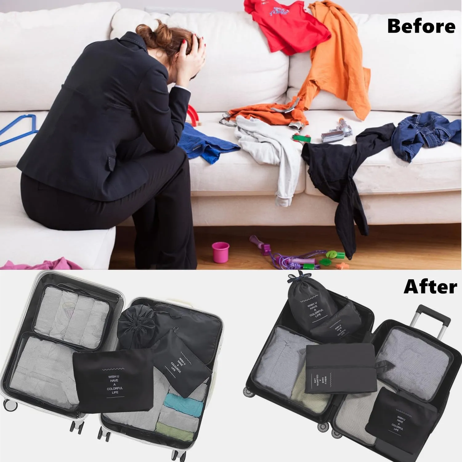 7 Set Packing Cubes Travel Organizer, Compression Packing Bags Laundry Pouches for Backpack Suitcases Clothes Underwear Cosmetics (Black)