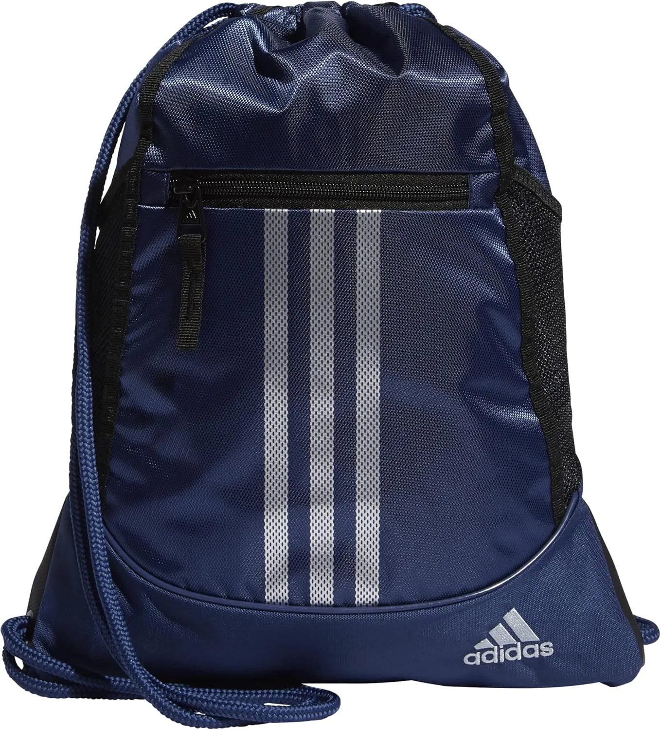 adidas Alliance Sackpack (12L) Lightweight Athletic Small Drawstring Team Sports Workout Bag Discontinued, Tech Indigo Blue/Metallic Silver, One Size