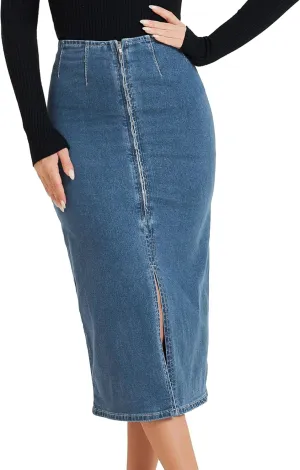 Allegra K Casual Denim Skirt for Women's Front Slit Zipper High Waist Bodycon Midi Jean Skirt