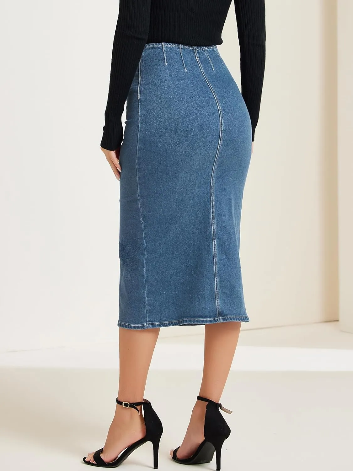Allegra K Casual Denim Skirt for Women's Front Slit Zipper High Waist Bodycon Midi Jean Skirt