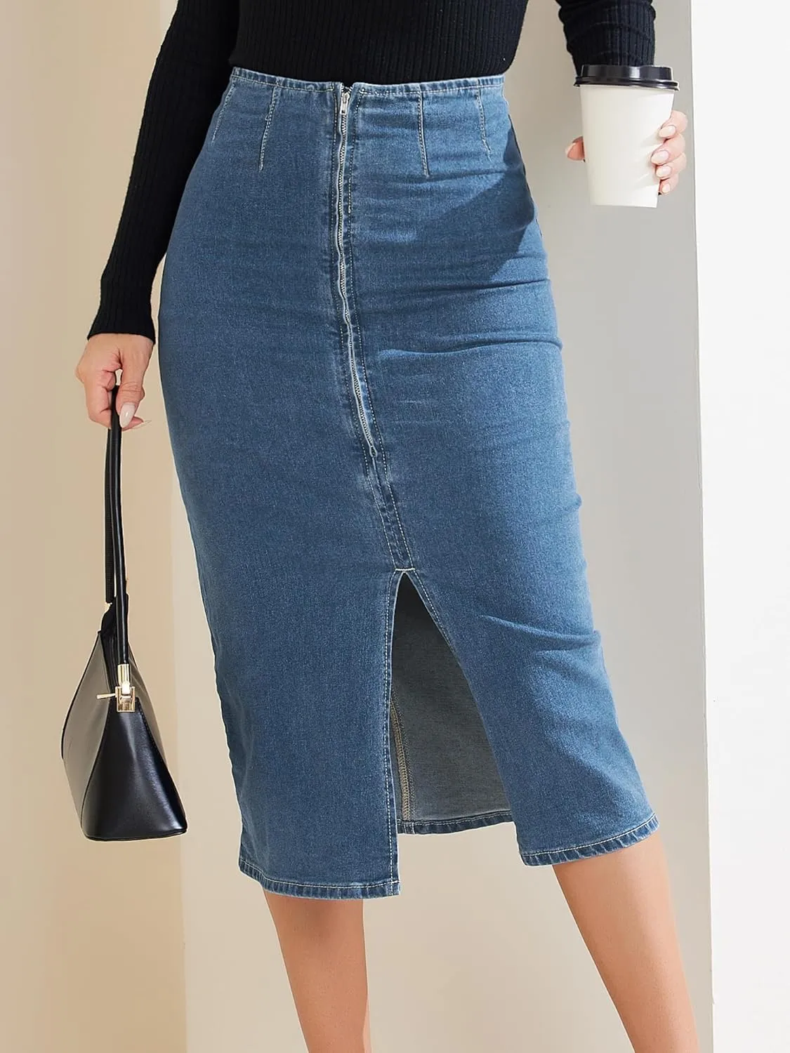 Allegra K Casual Denim Skirt for Women's Front Slit Zipper High Waist Bodycon Midi Jean Skirt