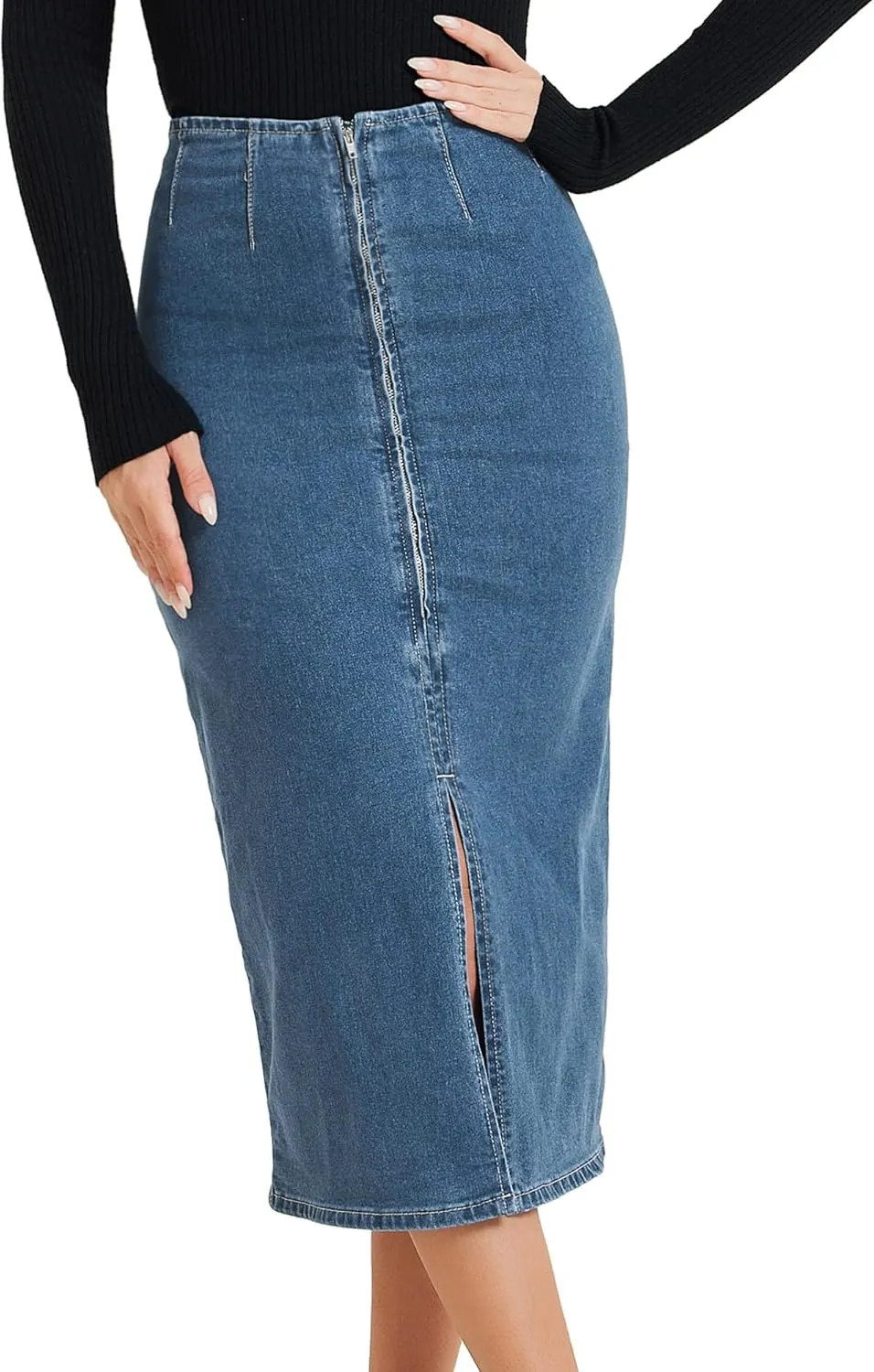 Allegra K Casual Denim Skirt for Women's Front Slit Zipper High Waist Bodycon Midi Jean Skirt