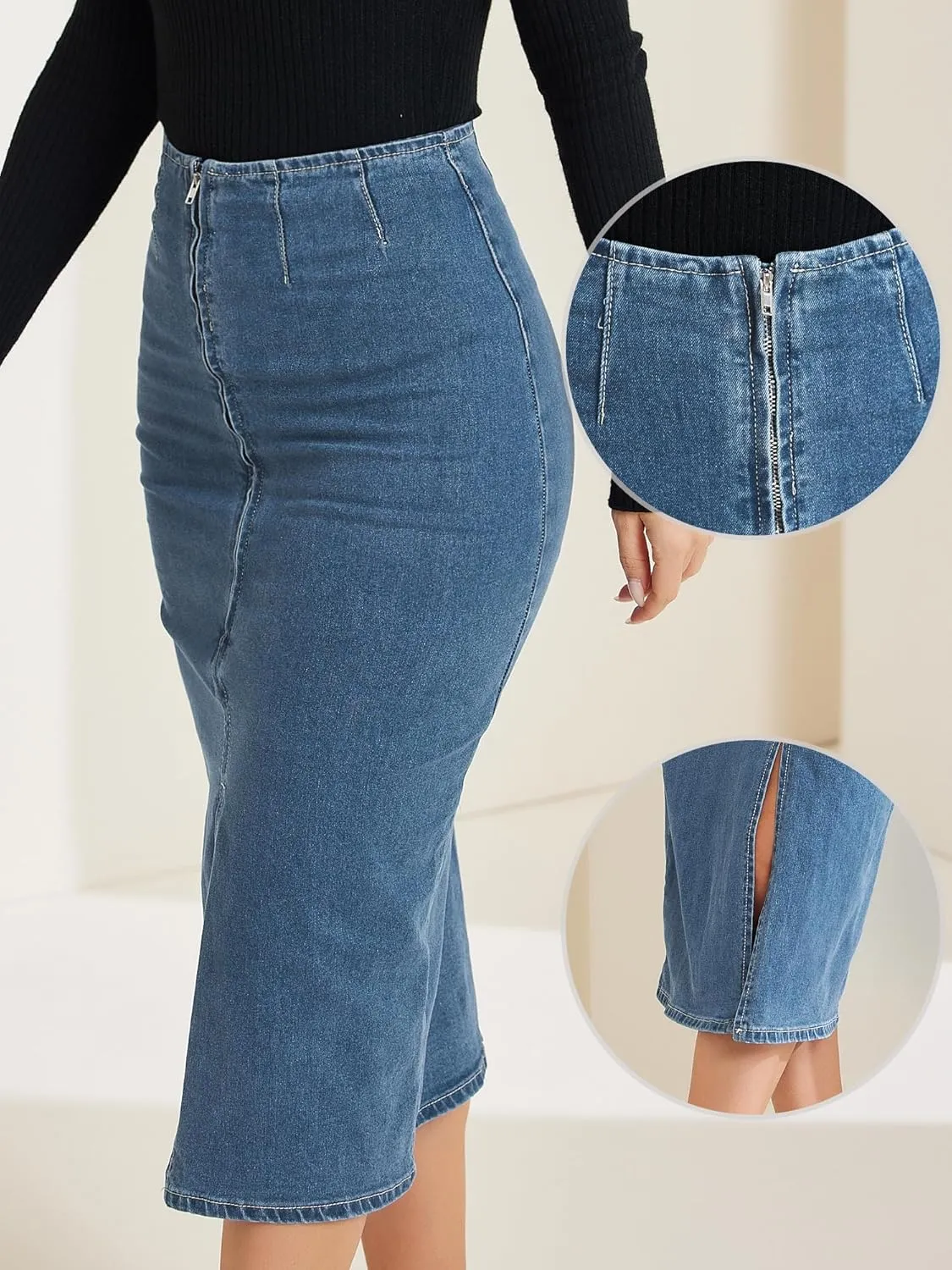 Allegra K Casual Denim Skirt for Women's Front Slit Zipper High Waist Bodycon Midi Jean Skirt