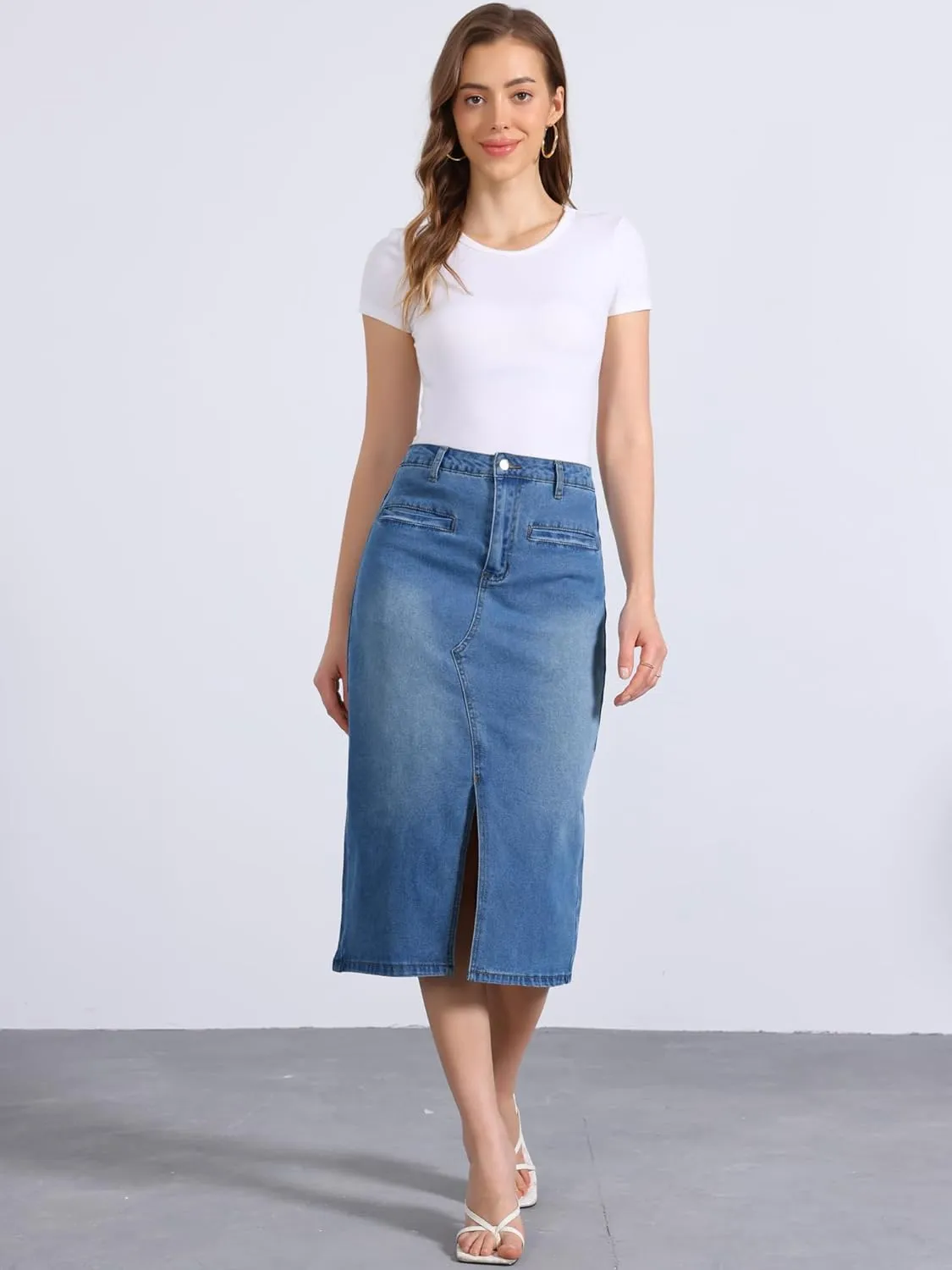 Allegra K Denim Skirt for Women's High Waist Slit Front Washed Jean Midi Skirts with Pockets