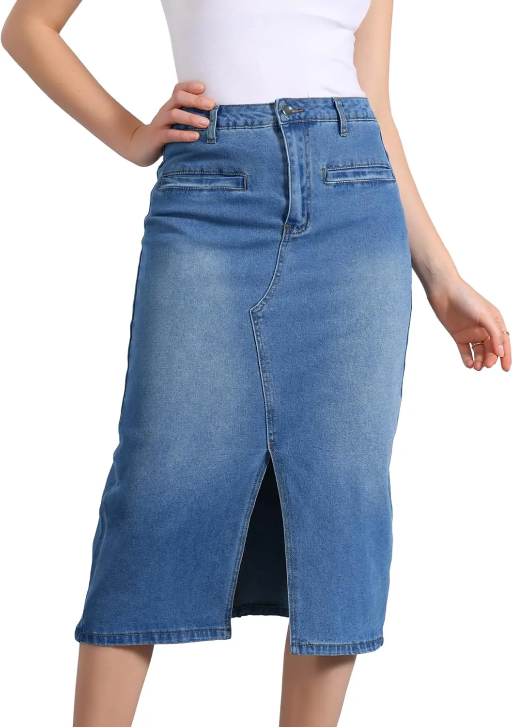 Allegra K Denim Skirt for Women's High Waist Slit Front Washed Jean Midi Skirts with Pockets