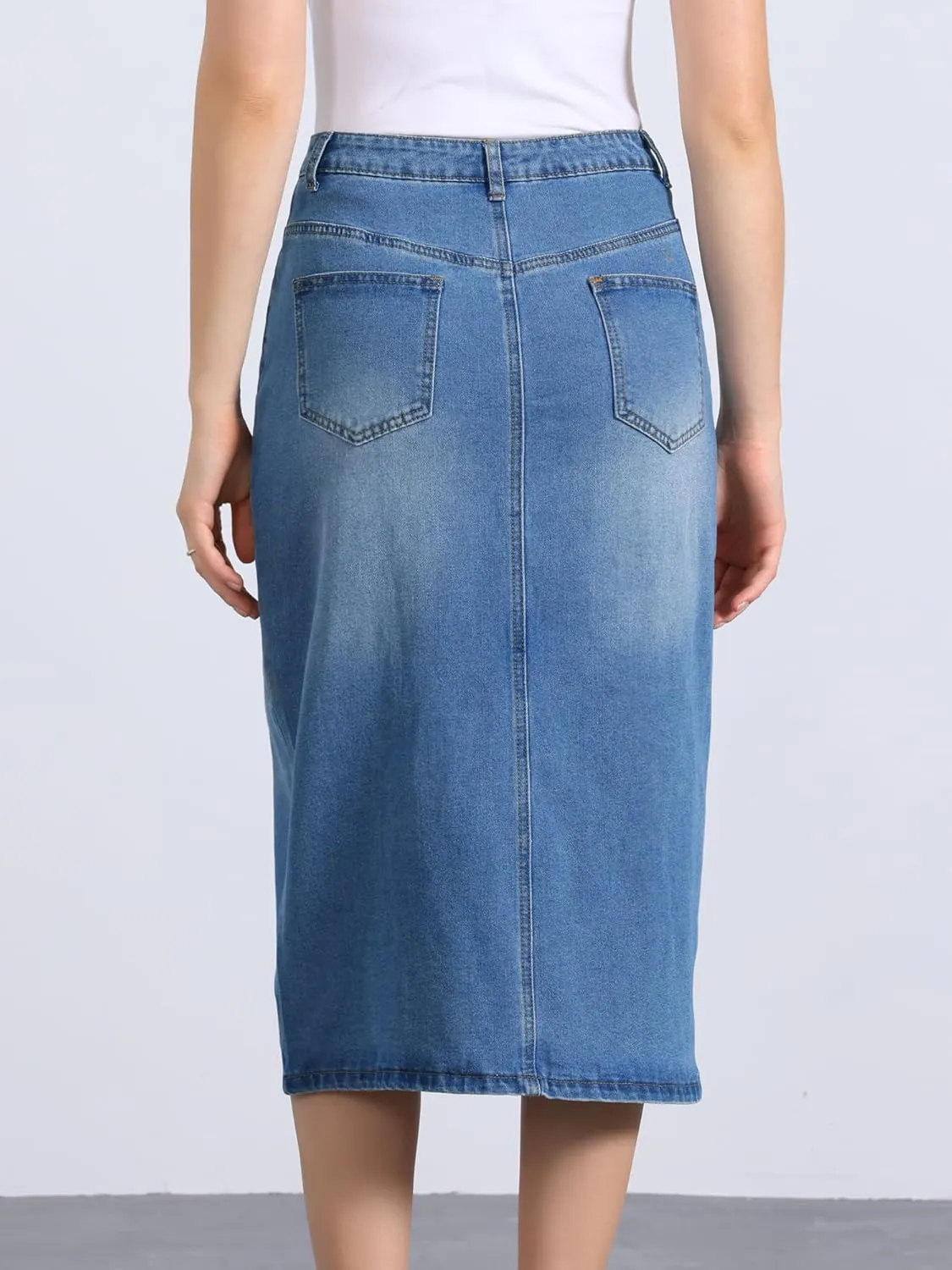 Allegra K Denim Skirt for Women's High Waist Slit Front Washed Jean Midi Skirts with Pockets