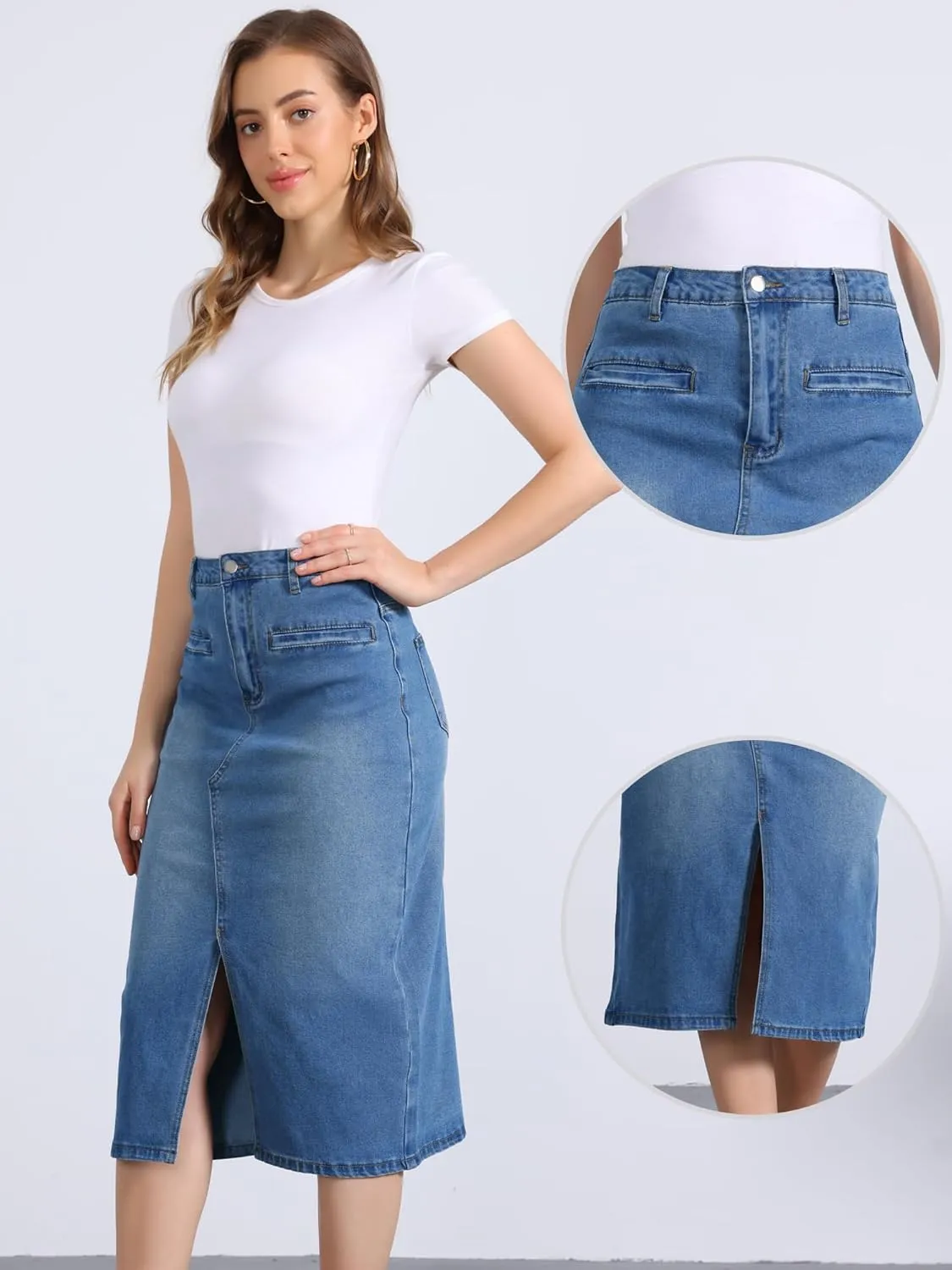 Allegra K Denim Skirt for Women's High Waist Slit Front Washed Jean Midi Skirts with Pockets