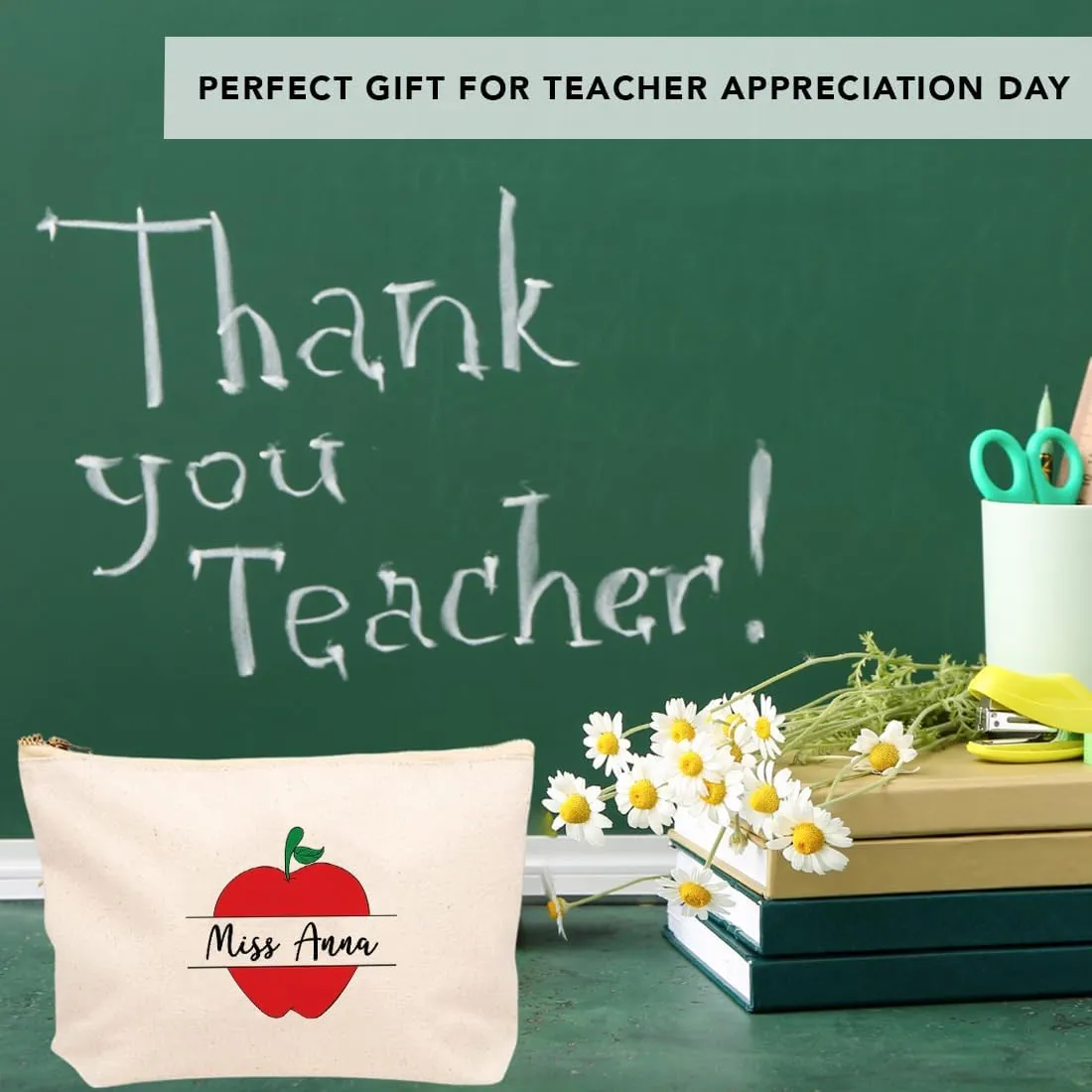 Andaz Press Personalized Teacher Appreciation Cosmetic Bags, Apple, Canvas Makeup Bag Zipper Pouch Custom Name Teacher Pouch Bag Appreciation Gifts, 9x 6.5 1-Pack