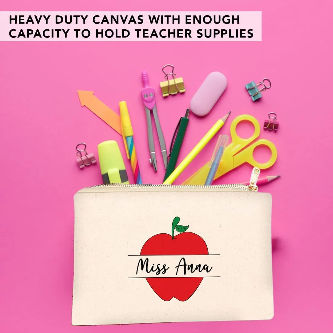 Andaz Press Personalized Teacher Appreciation Cosmetic Bags, Apple, Canvas Makeup Bag Zipper Pouch Custom Name Teacher Pouch Bag Appreciation Gifts, 9x 6.5 1-Pack