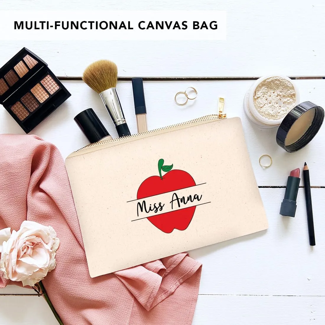Andaz Press Personalized Teacher Appreciation Cosmetic Bags, Apple, Canvas Makeup Bag Zipper Pouch Custom Name Teacher Pouch Bag Appreciation Gifts, 9x 6.5 1-Pack