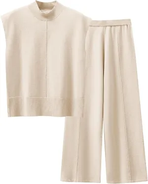 ANRABESS Women 2 Piece Outfits Mock Neck Sweater Vests Wide Leg Pants Lounge Matching Set Summer Vacation Travel Clothing