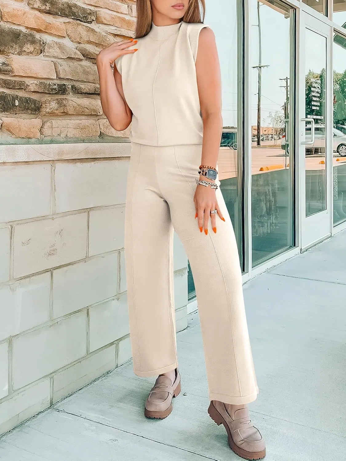 ANRABESS Women 2 Piece Outfits Mock Neck Sweater Vests Wide Leg Pants Lounge Matching Set Summer Vacation Travel Clothing