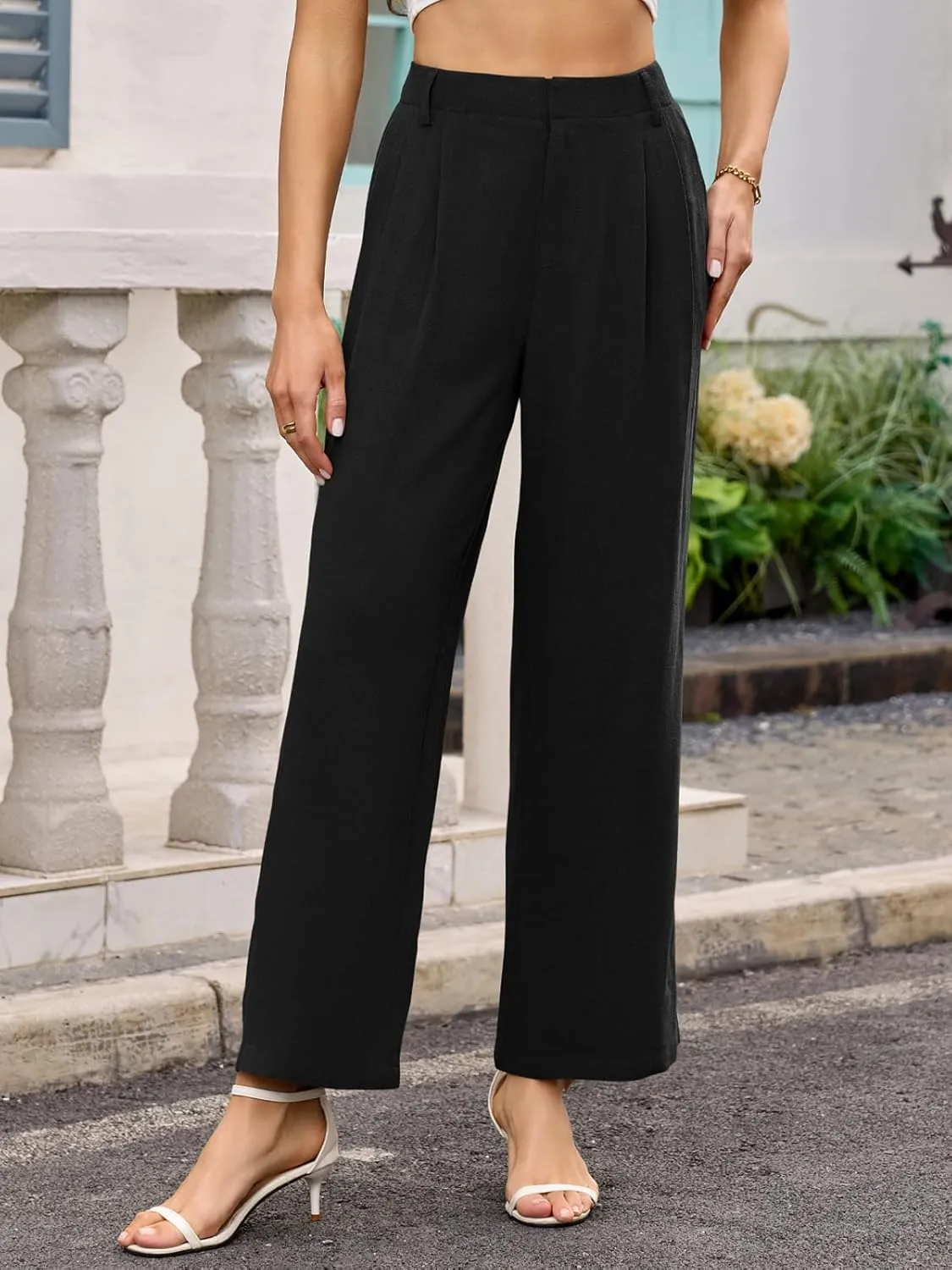 ANRILITA Linen Pants for Women High Waist Casual Flowy Pant Summer Wide Leg Trousers with Pocket
