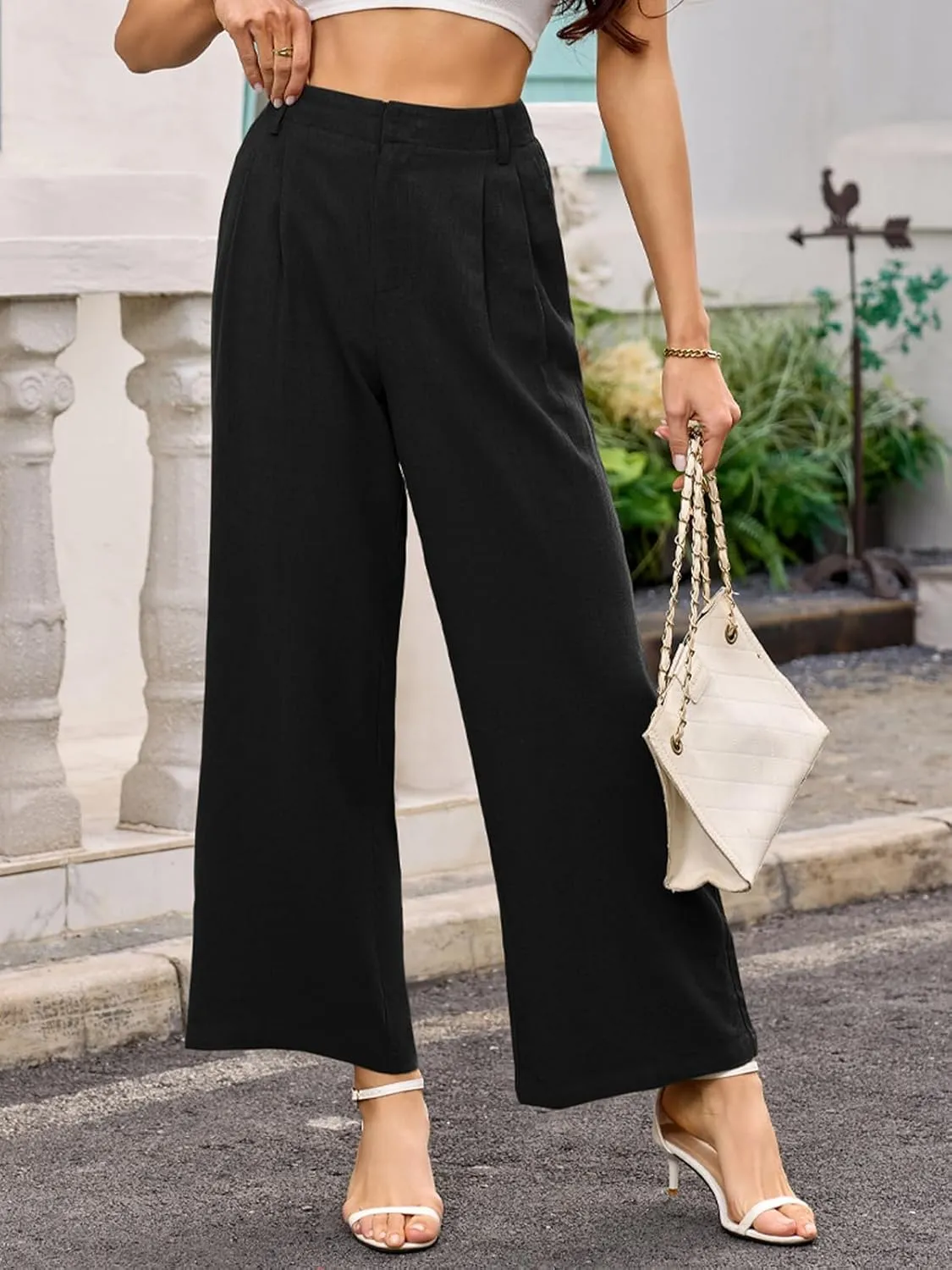 ANRILITA Linen Pants for Women High Waist Casual Flowy Pant Summer Wide Leg Trousers with Pocket
