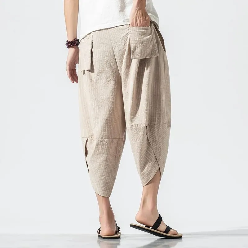 Aoleaky Autumn Harajuku Men Hip Hop Harem Pants Summer Trousers Mens Casual Pants Male Stripe Calf-Length Pants Chinese Style