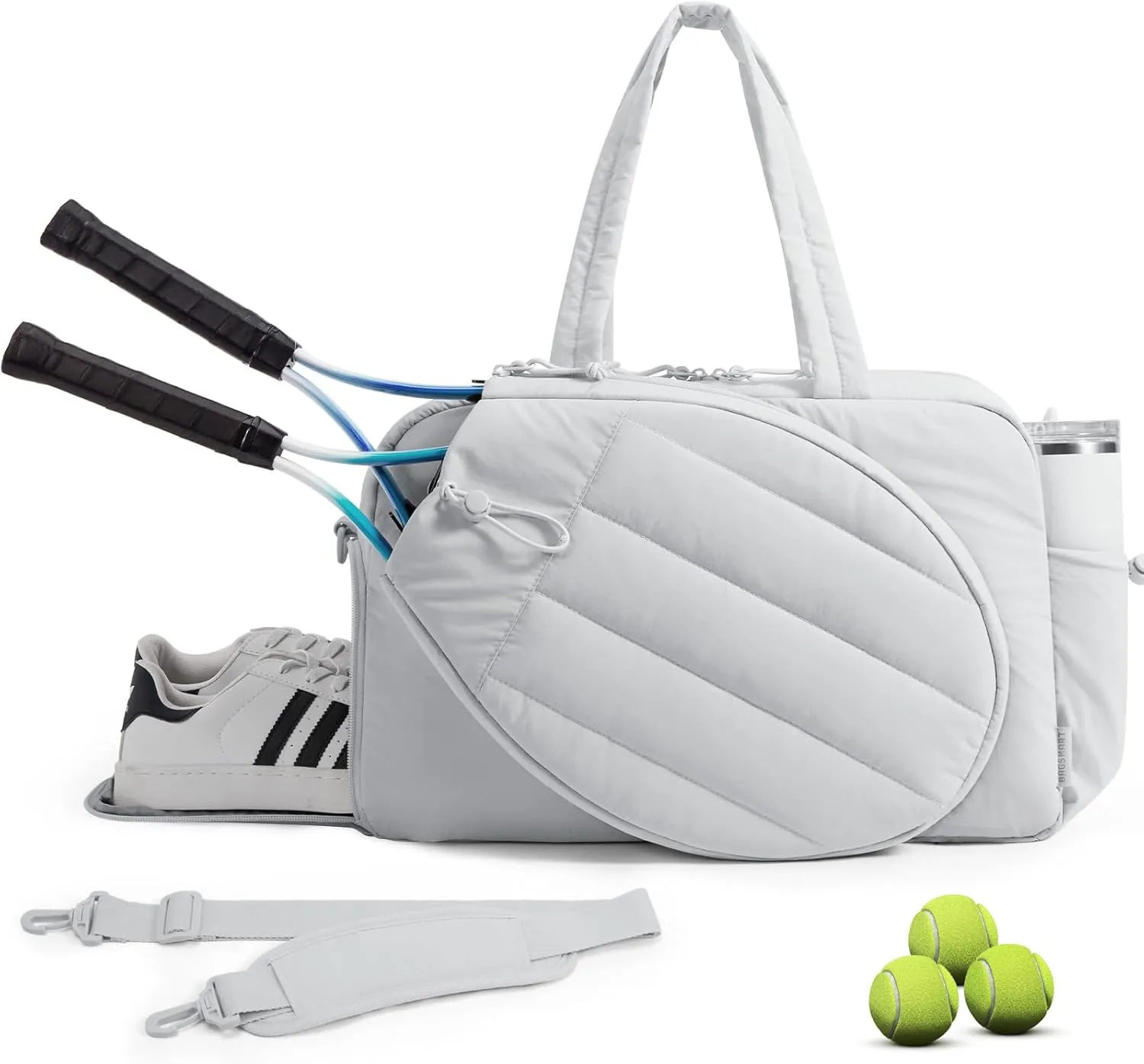 BAGSMART Gym Bag for Women, Tennis Bag Holds 2 Rackets with Shoe Compartment & Wet Pocket, Sports Duffle Bags fits up to 15.6" Laptop, Women Overnight Weekend Bag, Light Gray