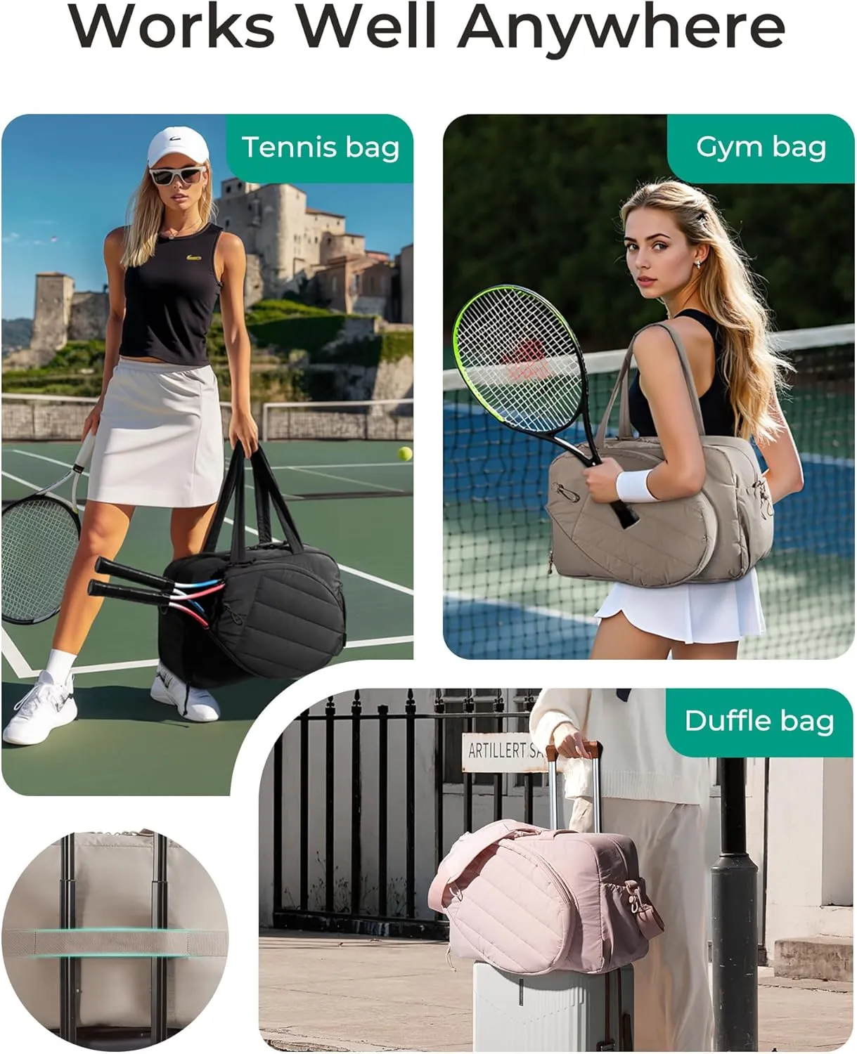 BAGSMART Gym Bag for Women, Tennis Bag Holds 2 Rackets with Shoe Compartment & Wet Pocket, Sports Duffle Bags fits up to 15.6" Laptop, Women Overnight Weekend Bag, Light Gray