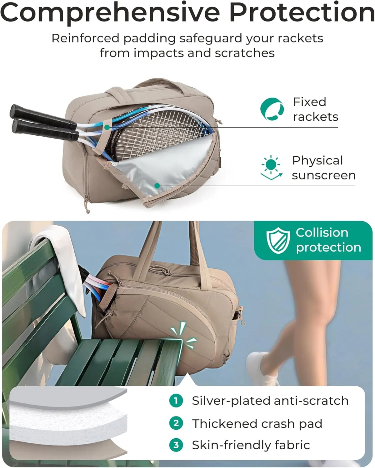 BAGSMART Gym Bag for Women, Tennis Bag Holds 2 Rackets with Shoe Compartment & Wet Pocket, Sports Duffle Bags fits up to 15.6" Laptop, Women Overnight Weekend Bag, Light Gray