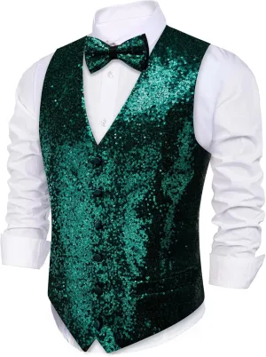 Barry.Wang Mens Sequins Vest Formal/Leisure V-neck Shiny Waistcoat Bowtie Set Prom Party Tuxedo